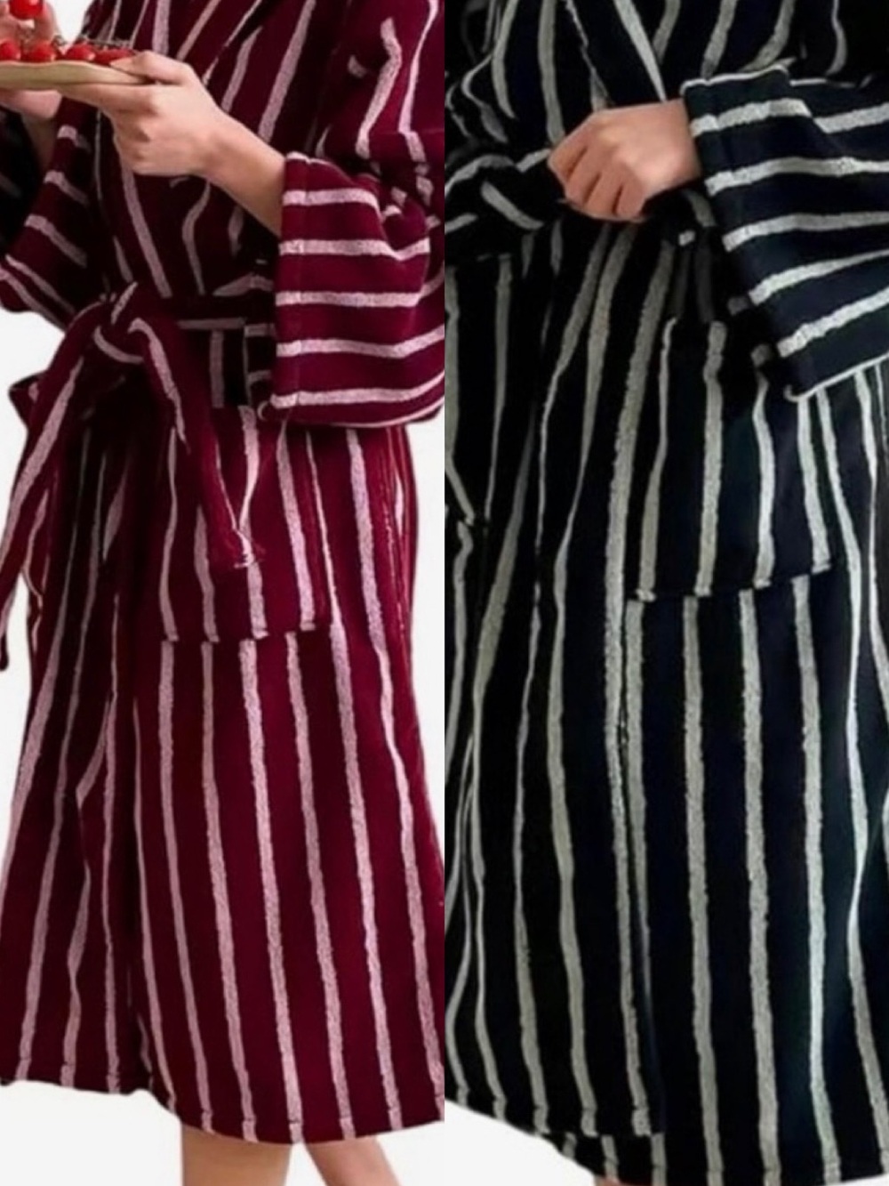Striped Unisex Belted Robe - Burgundy & Black